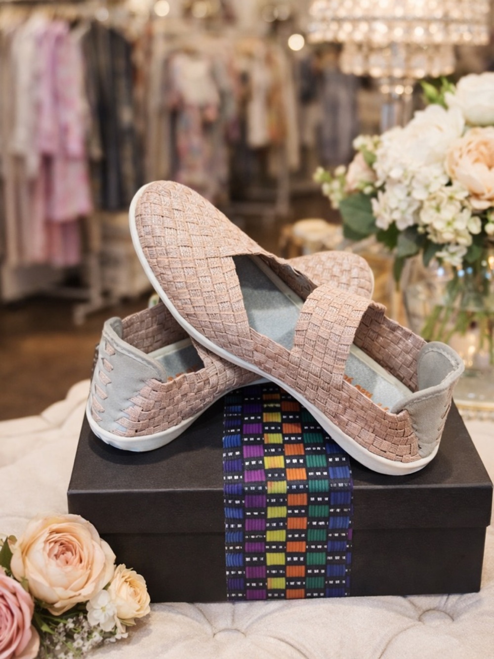 Bernie Mev Pink Beige Woven Flats Womens Stretch Comfort New In Box